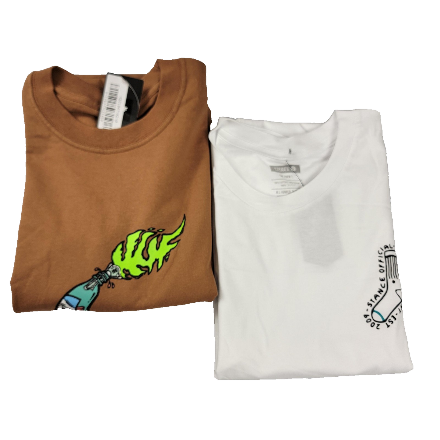 HUF Firestarter Brown + Stance Crew T White 2 PK Mens Sz XL Short Sleeves