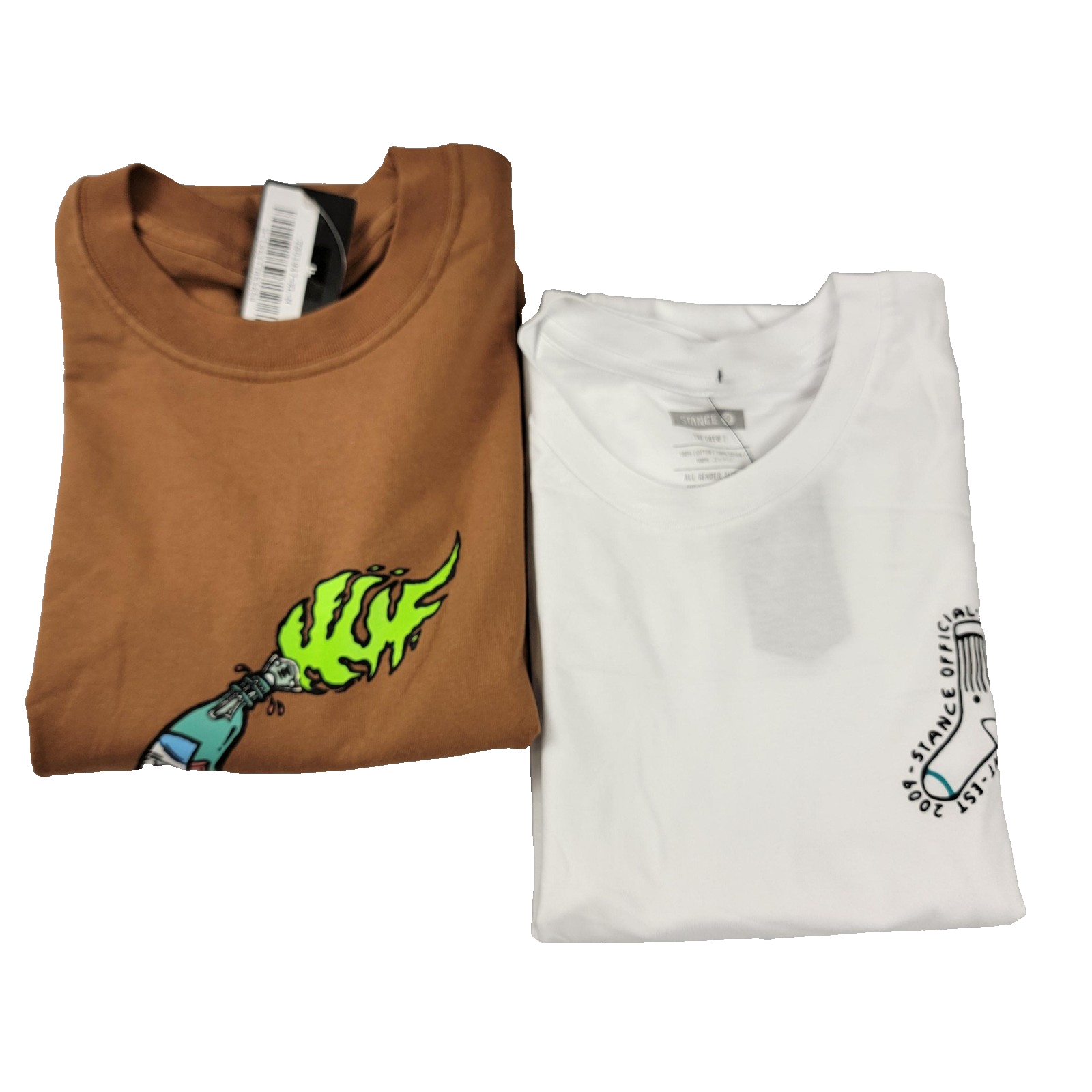 HUF Firestarter Brown + Stance Crew T White 2 PK Mens Sz XL Short Sleeves