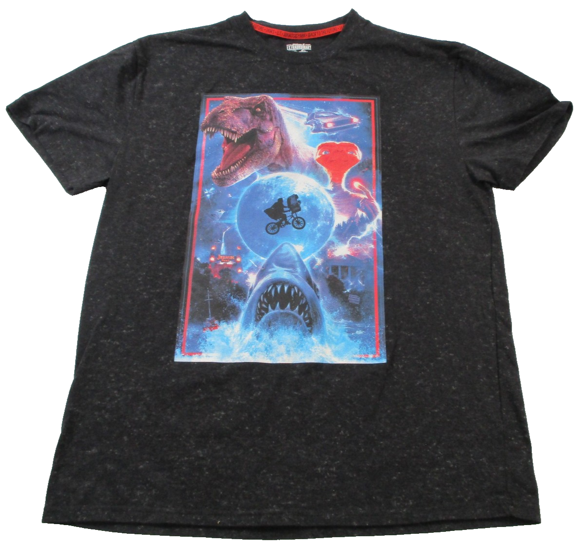 Universal Jaws ET Jurassic Park Back to Future Holographic Tee Mens XL Used 15640