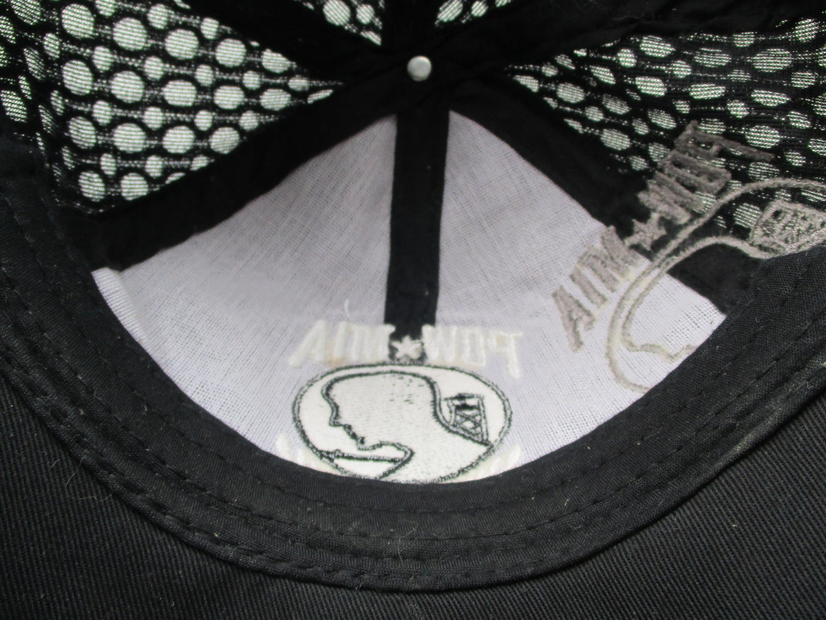 JWM POW MIA Hat Cap Strap Back Mens One Size Black Mesh Faux Leather Embroidered12