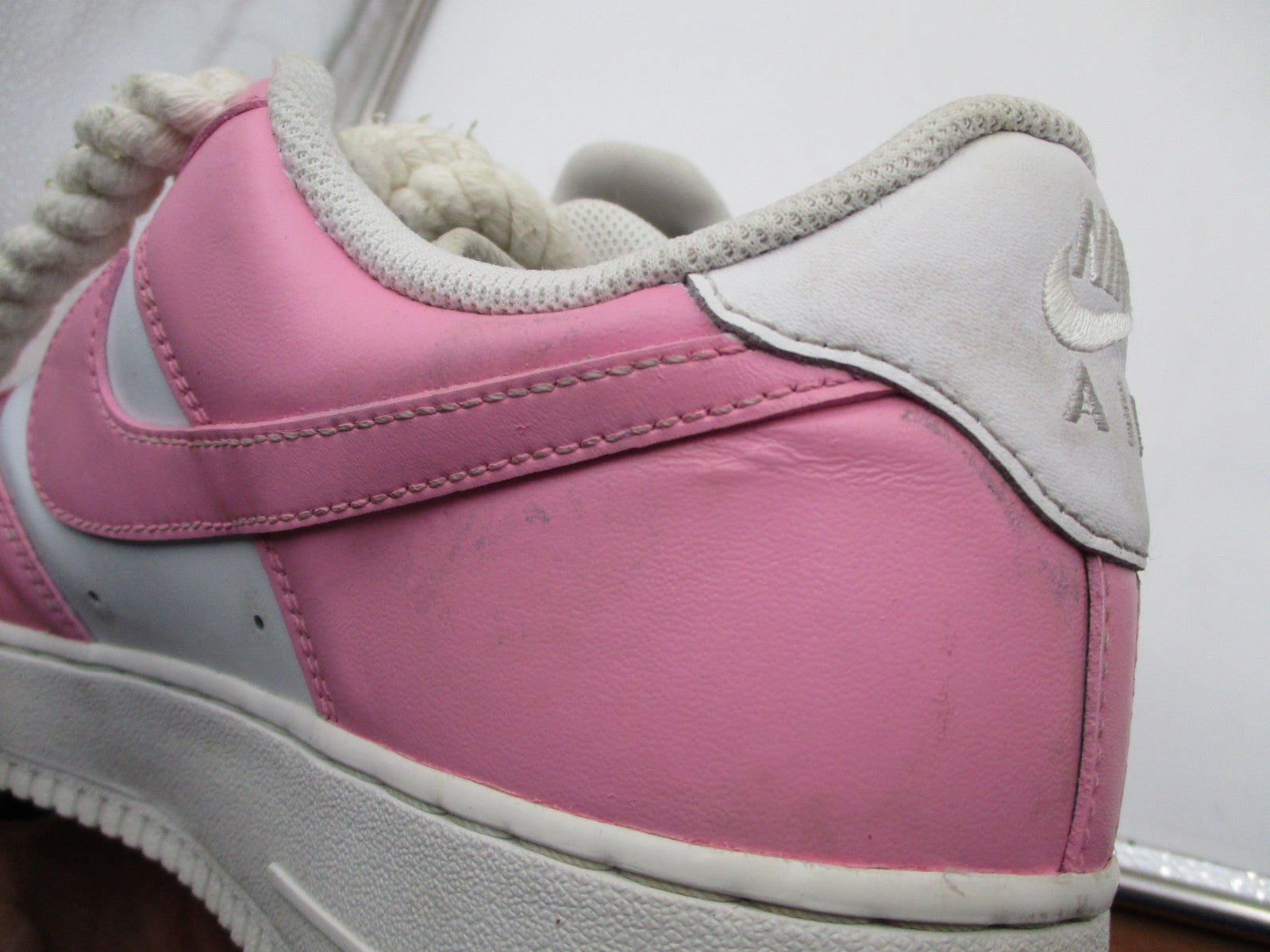 Nike Air Force 1 Low Shoes Mens Size 12 Pink White MBM Rope Laces Custom (1C6)12