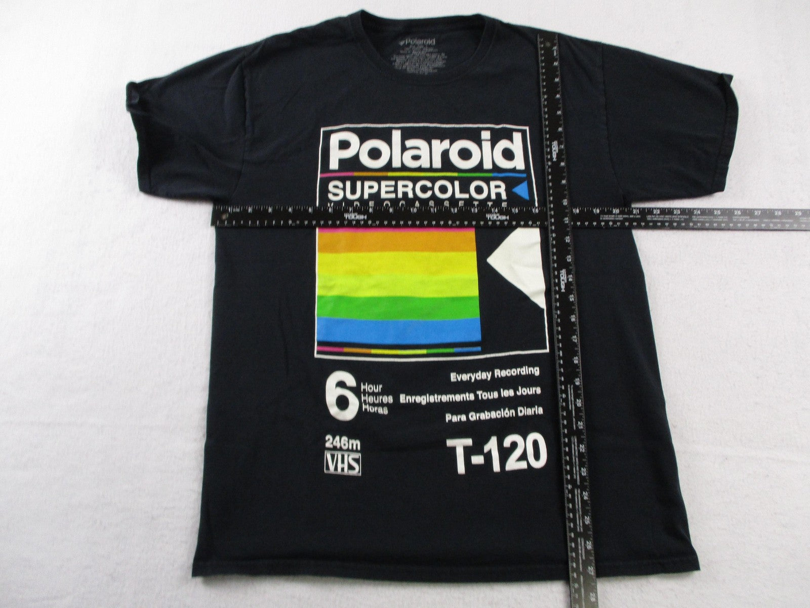 Polaroid Shirt Mens Large Black Supercolor VHS T-120 Retro Rainbow Graphic Tee3