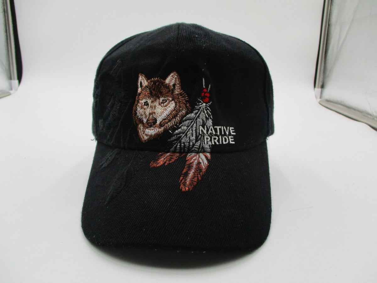 Native Pride Hat Cap Strap Back Mens One Size Black Wolf Feathers Embroidered0