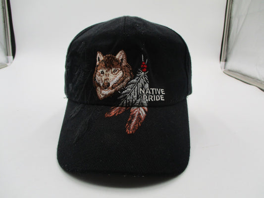 Native Pride Hat Cap Strap Back Mens One Size Black Wolf Feathers Embroidered0