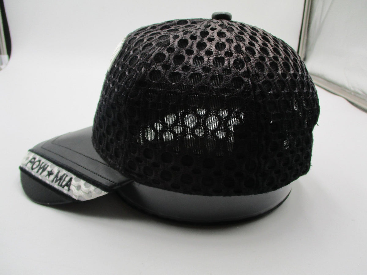 JWM POW MIA Hat Cap Strap Back Mens One Size Black Mesh Faux Leather Embroidered5