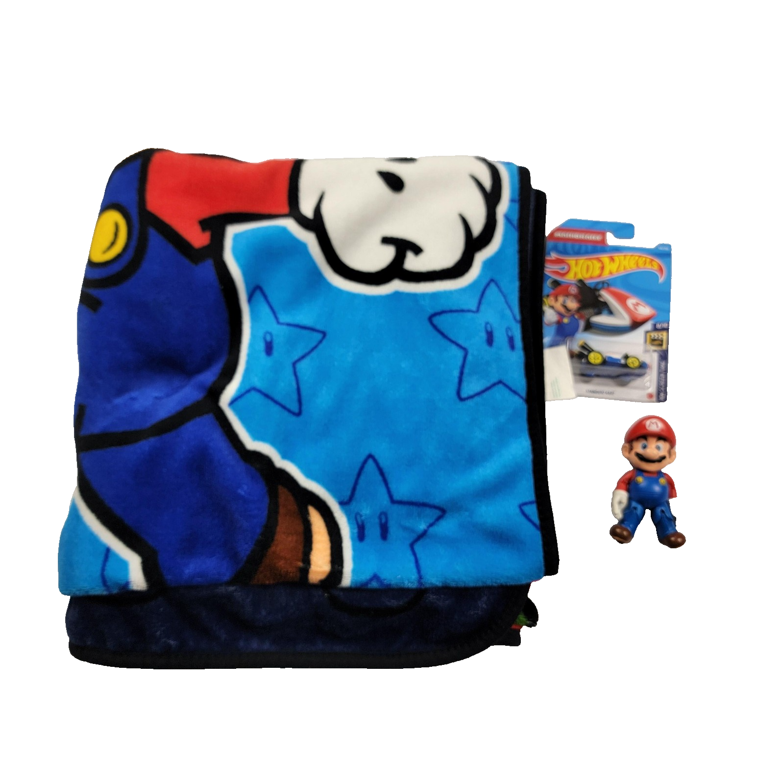 Super Mario Nintendo BundleBlanket 58x46 + Mario Figure + Hot Wheels Kart1