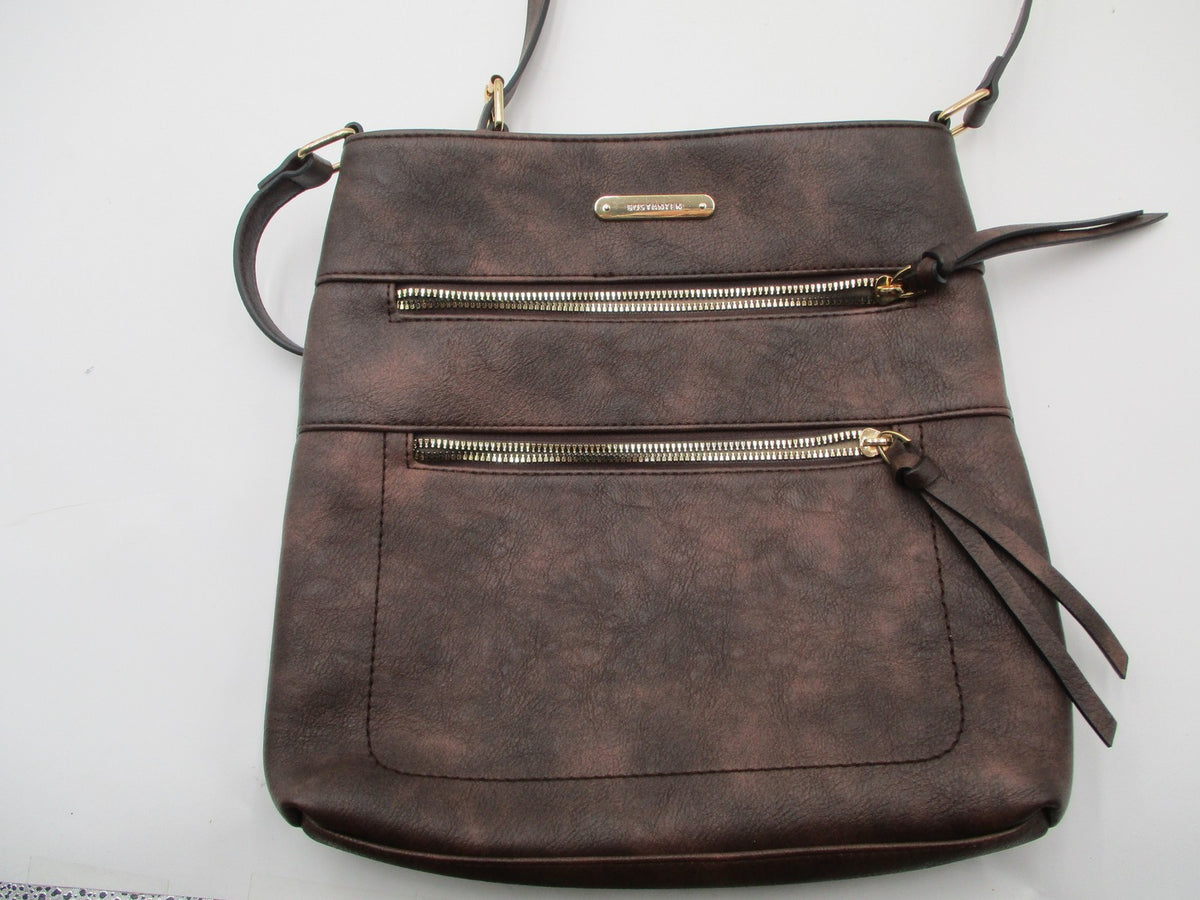 Bostanten Crossbody Bag Womens Medium Brown Faux Leather Gold Zip Pockets1