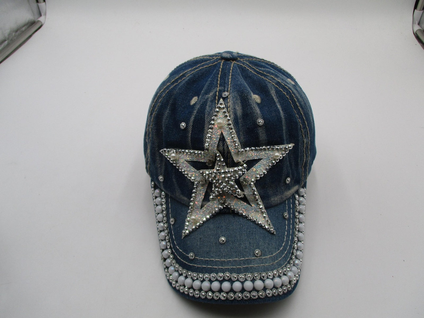 Rhinestone Star Hat Cap Strap Back Blue Denim Beaded Pearl Adjustable Womens6
