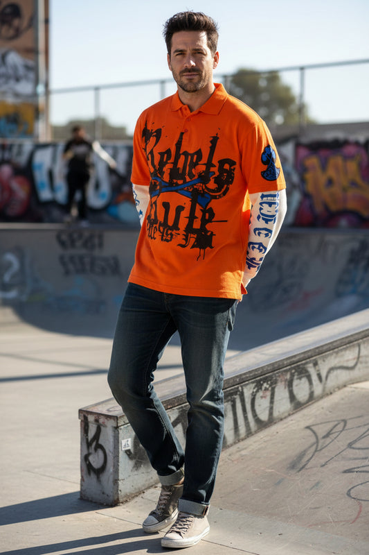 Kaalu Polo Shirt Mens 2XL Orange Rebels Rule Graphic Layered Long Sleeve 17380