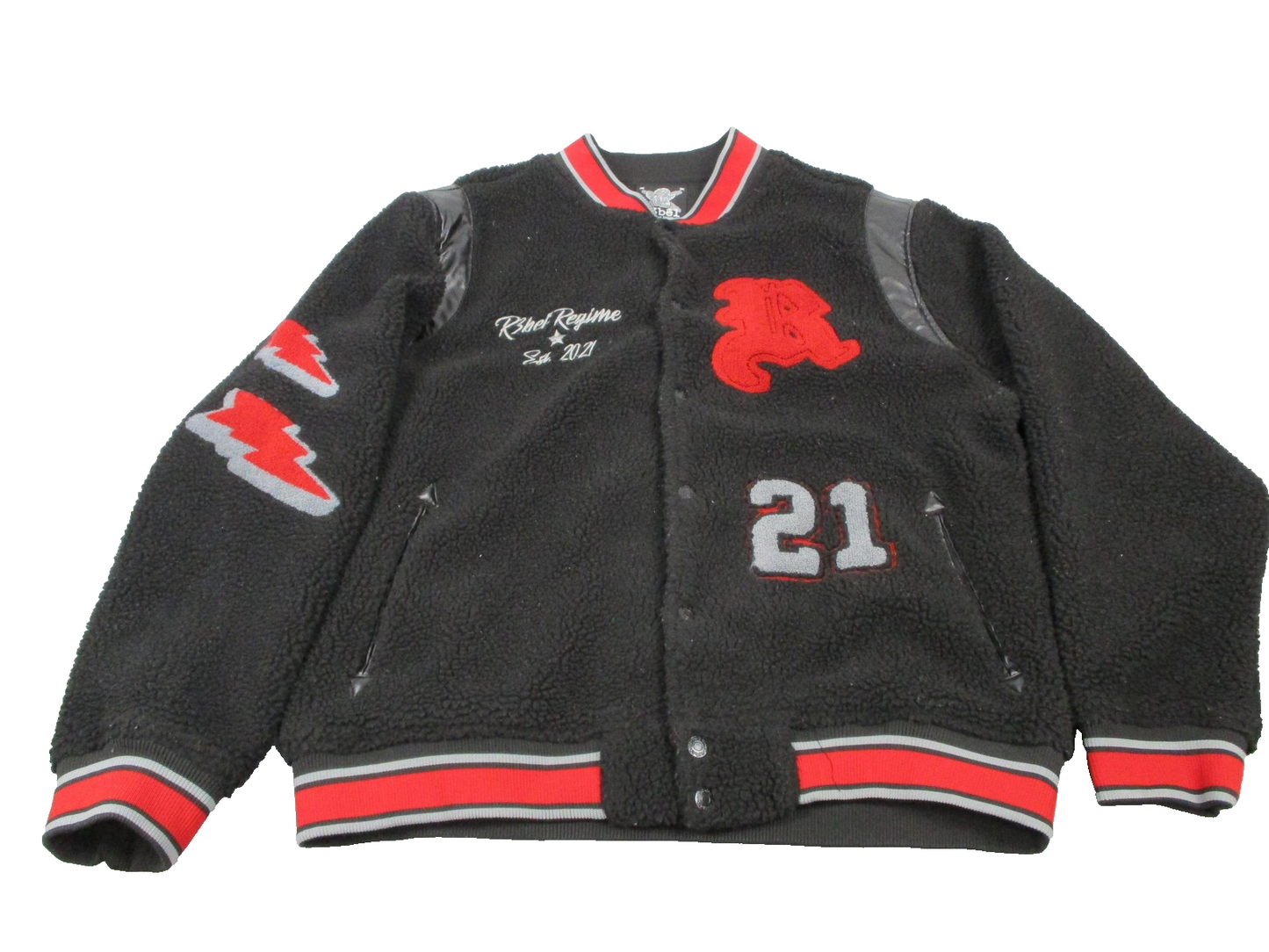 R3bel Regime Jacket Mens 2XL Black Sherpa Varsity Letterman Snap Front Patch0