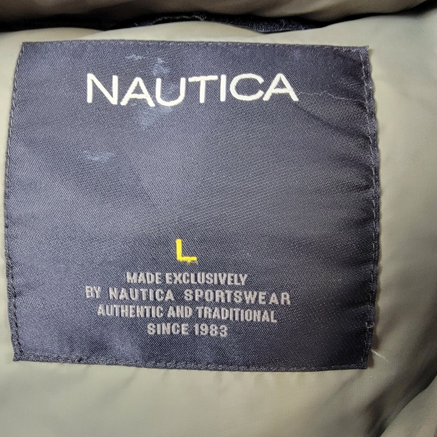 Vintage Nautica Men’s Down Jacket Black Brown Leather Trim Elbow Patch Size L2