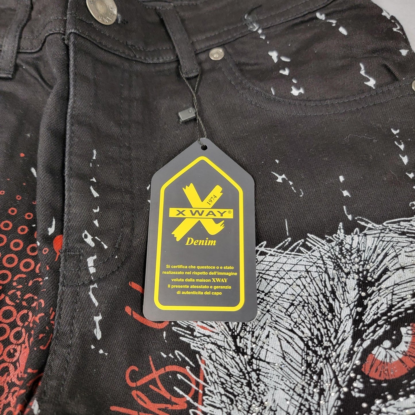 X WAY Jeans Mens 31 Black Graphic Skinny Denim Skull Wolf 61161