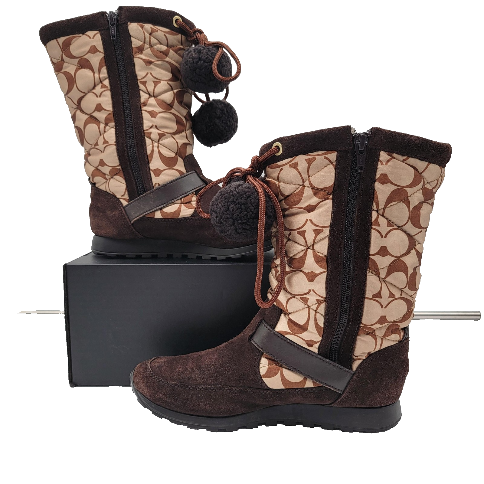 Coach Boots Womens Size 8 Juniper Pom Pom Winter Snow Suede Booties Shoes