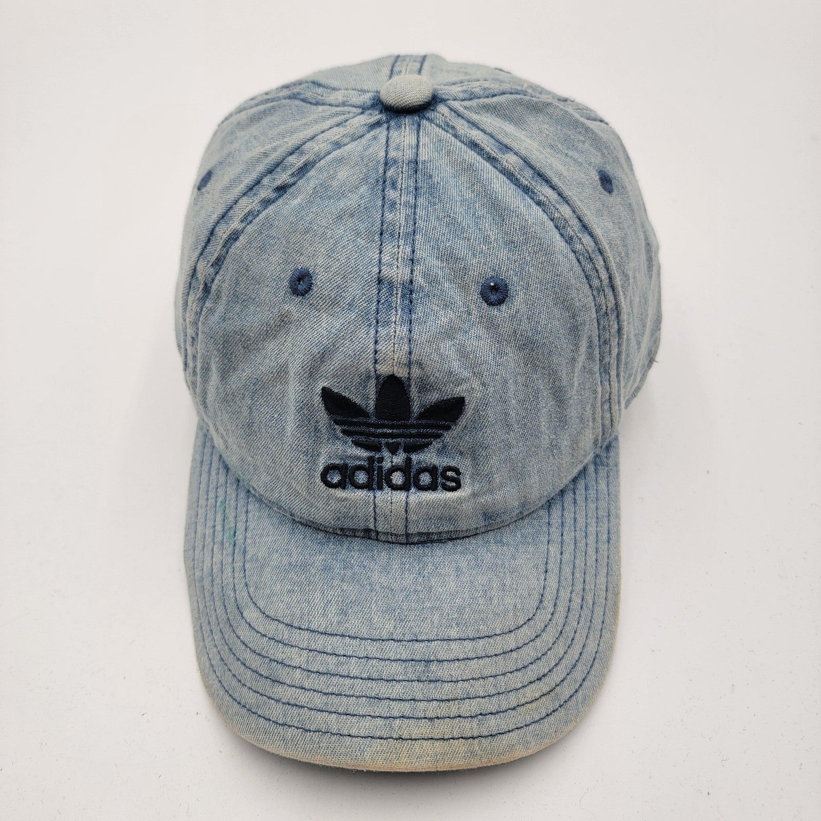 Adidas Hat Strap Back Denim Blue Trefoil Embroidered Mens Distressed Dad Cap4