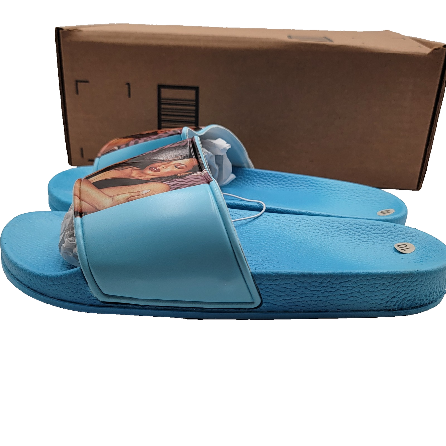 Aaliyah Blue Slide Shoes Mens Size 10 Graphic Slip On Sandals Hip Hop Art