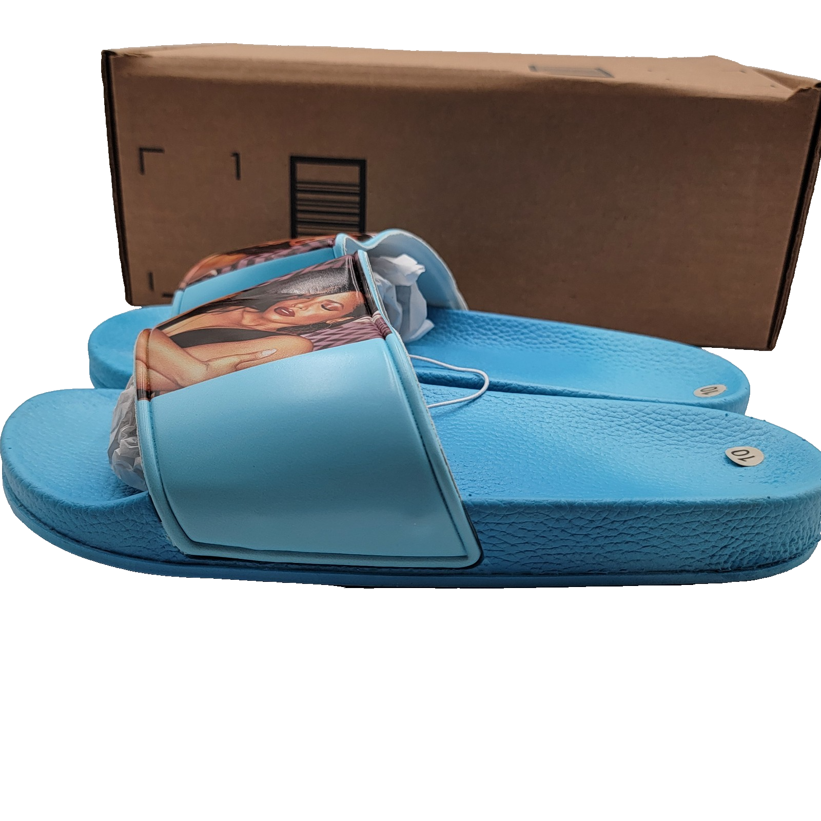 Aaliyah Blue Slide Shoes Mens Size 10 Graphic Slip On Sandals Hip Hop Art
