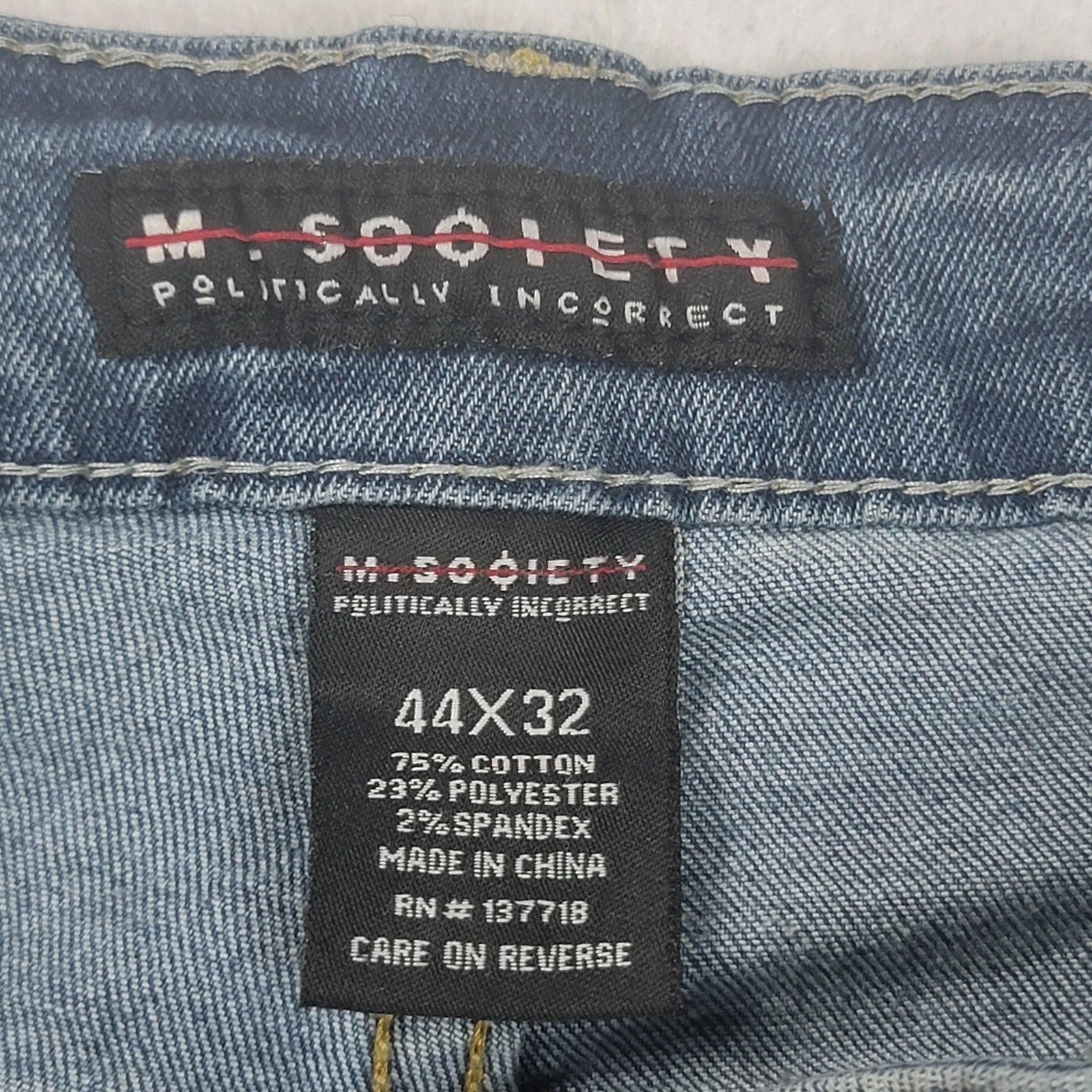 M Society Jeans Mens 44x32 Light Wash Moto Biker Distressed Stretch Blue