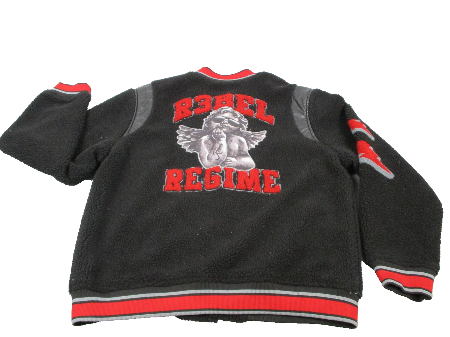 R3bel Regime Jacket Mens 2XL Black Sherpa Varsity Letterman Snap Front Patch1