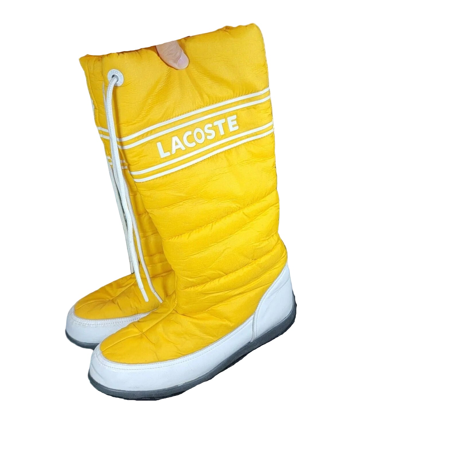 Lacoste Snug Women Puffer Yellow Winter Snow Tall Drawstring Boots 156 Sz 100