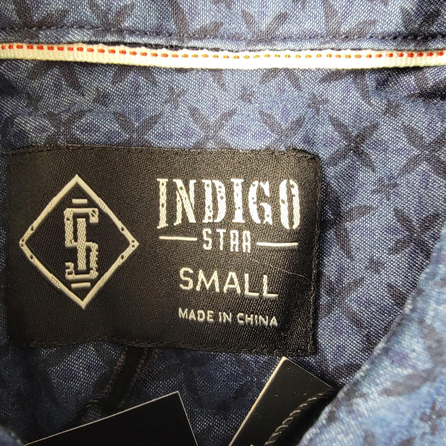Indigo Star Shirt Mens Small Denim Long Sleeve Amumu Stone Wash Print