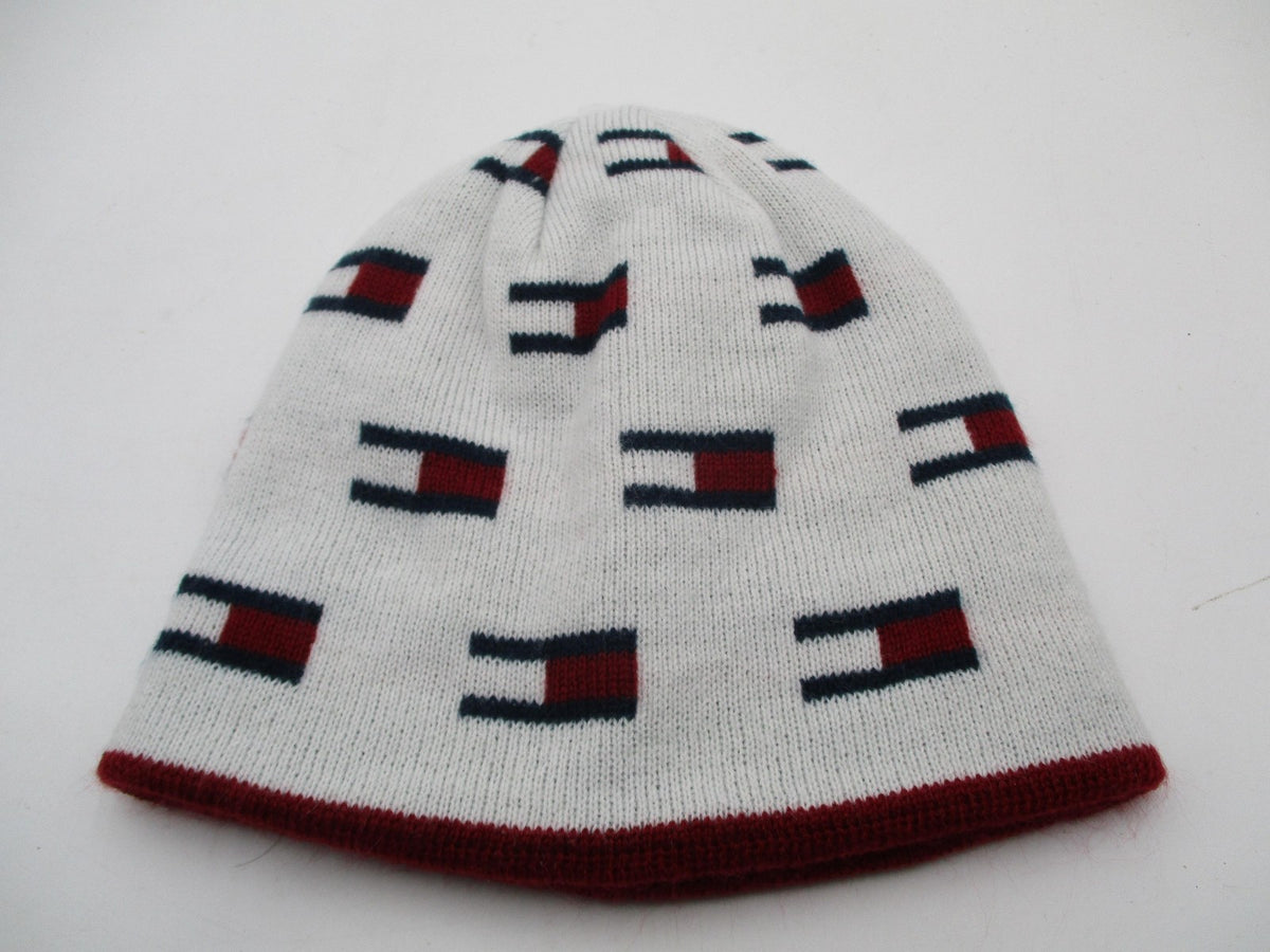 Tommy Hilfiger Hat Cap Beanie Mens One Size White Red Logo Reversible Knit0