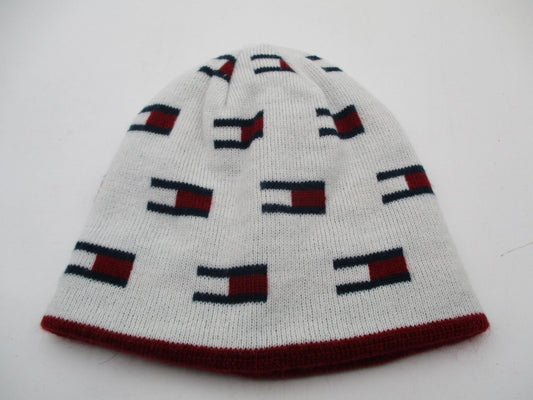 Tommy Hilfiger Hat Cap Beanie Mens One Size White Red Logo Reversible Knit0