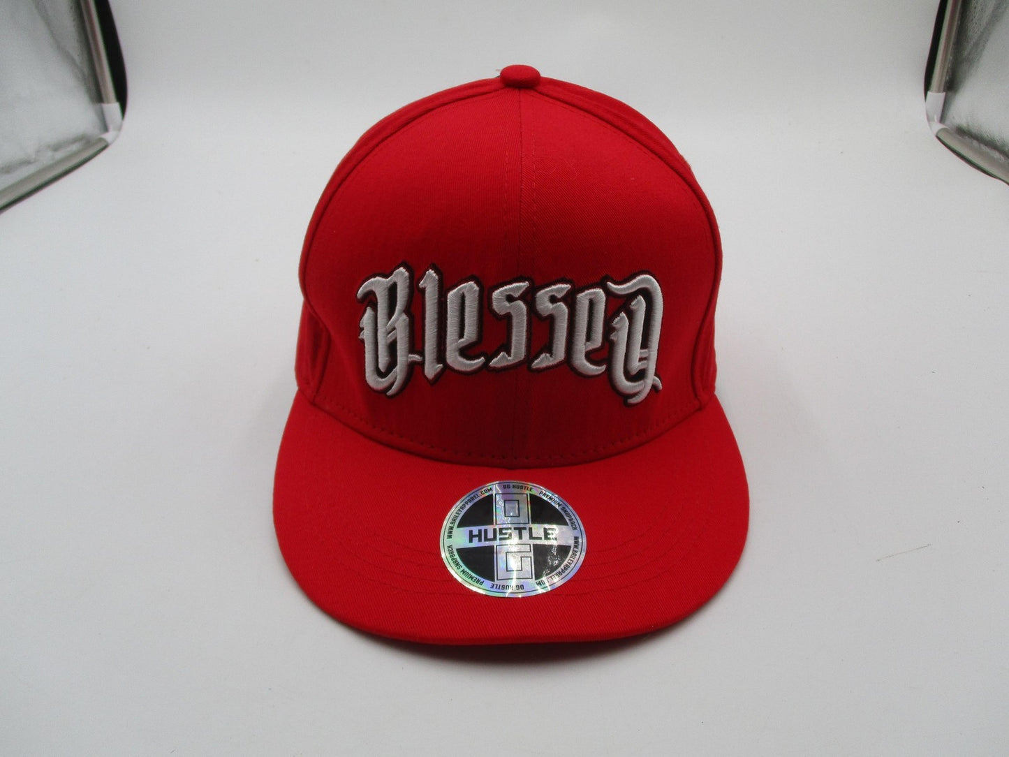 Hustle Blessed Hat Cap Snap Back Mens One Size Red Gothic Script Embroidered1