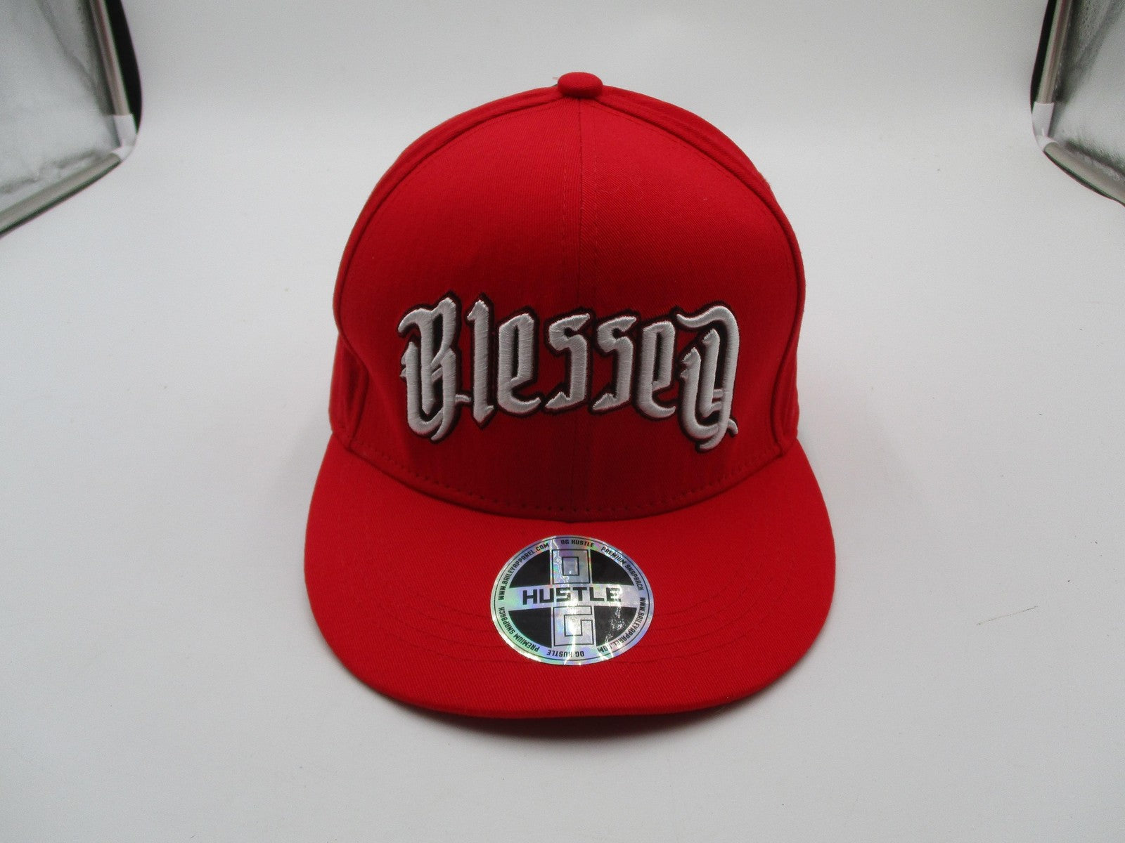 Hustle Blessed Hat Cap Snap Back Mens One Size Red Gothic Script Embroidered1