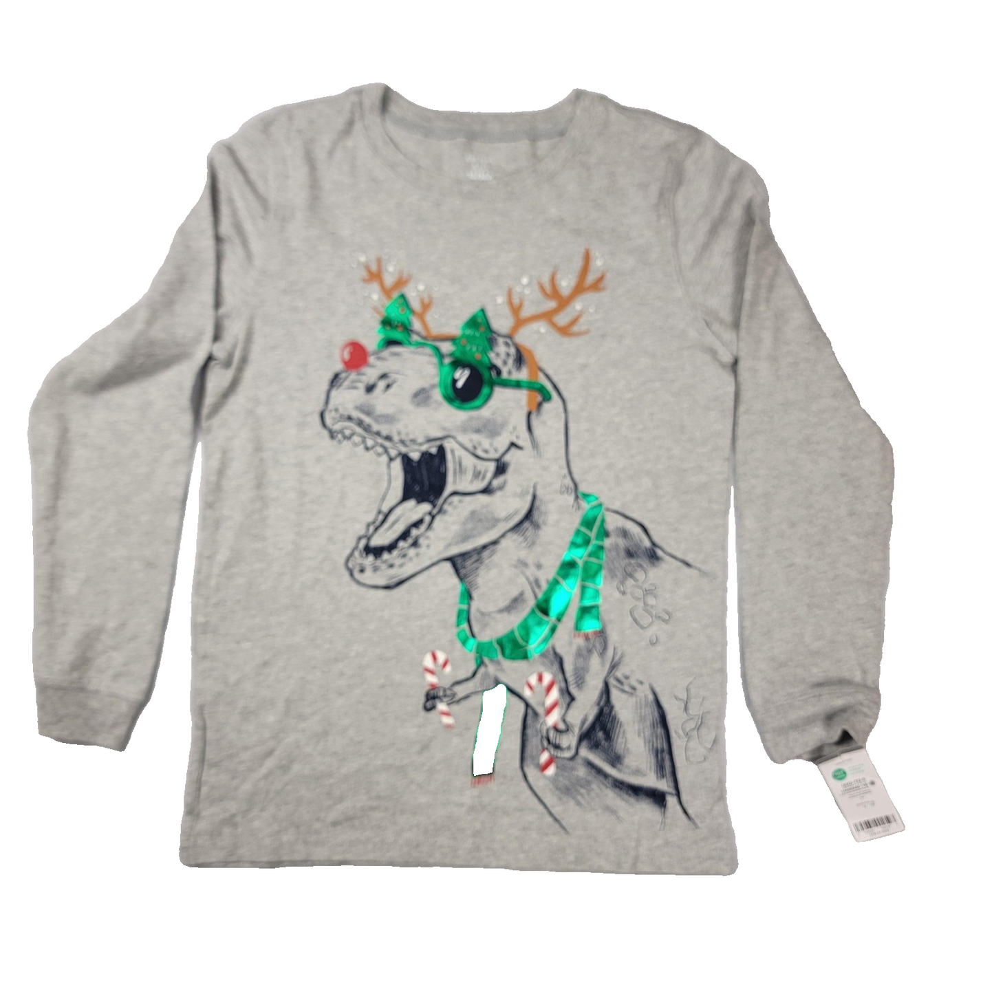 Carter's Shirt Youth 14 Gray LS TRex Dinosaur Reindeer Christmas Graphic 11440