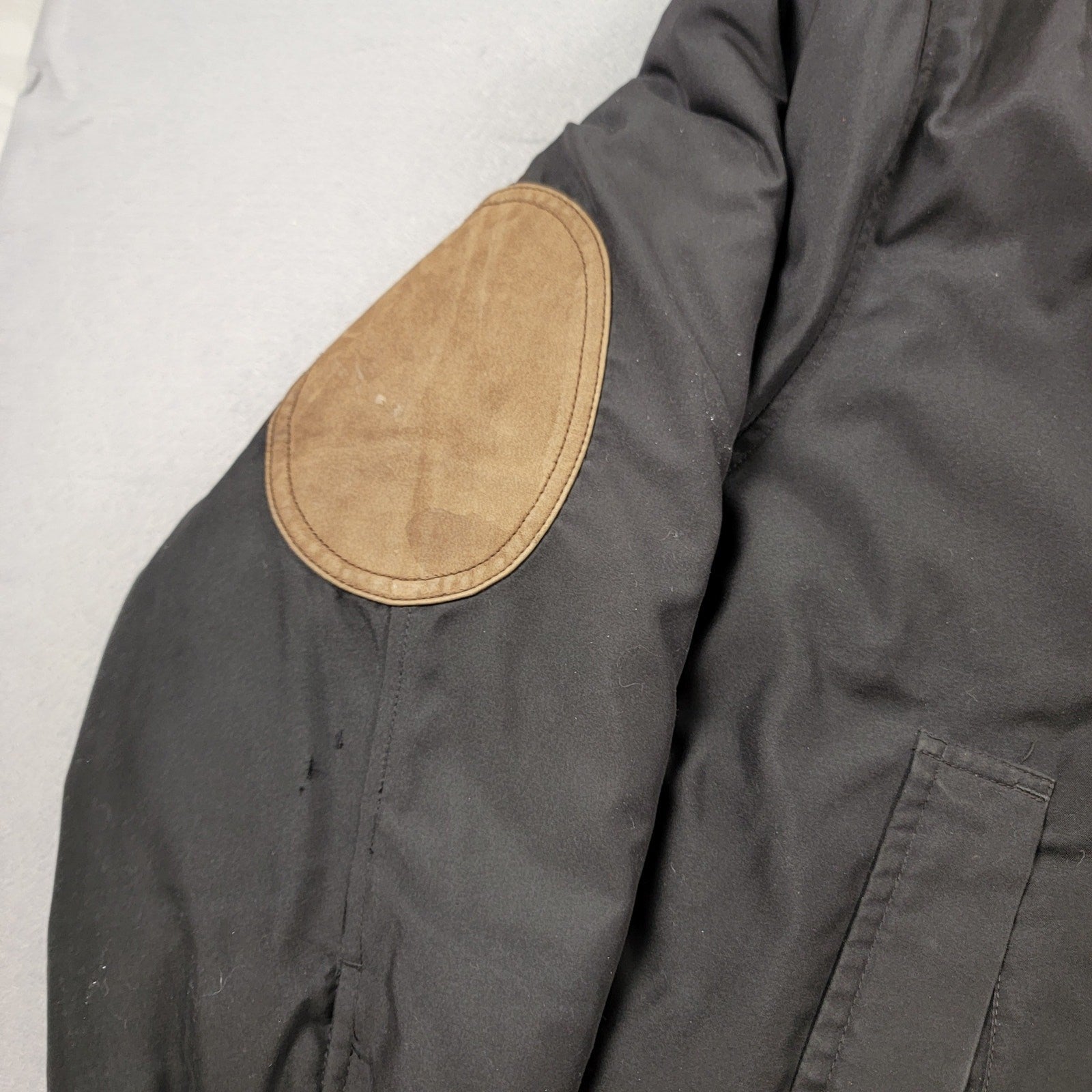 Vintage Nautica Men’s Down Jacket Black Brown Leather Trim Elbow Patch Size L5