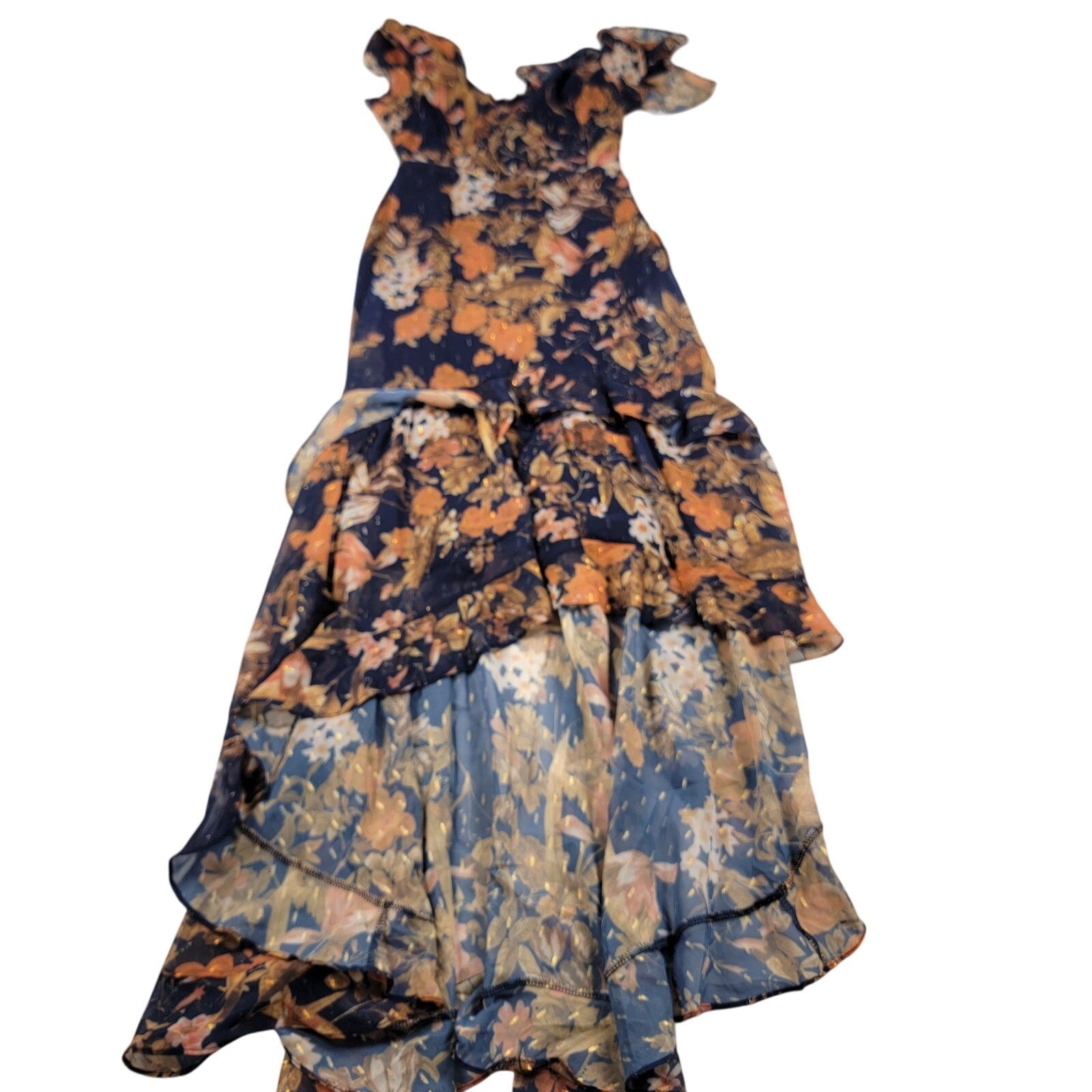 Lulus Stunning Favorite Navy Blue Floral Ruffled High-Low Maxi Dress