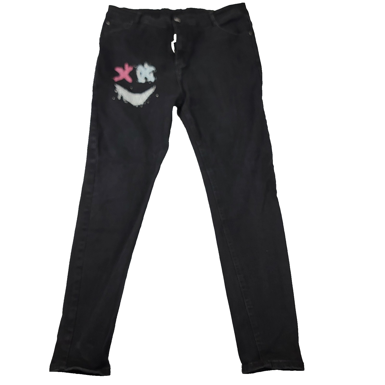 Men’s Black Skinny Jeans XL Painted Graphic Smiley Face Denim