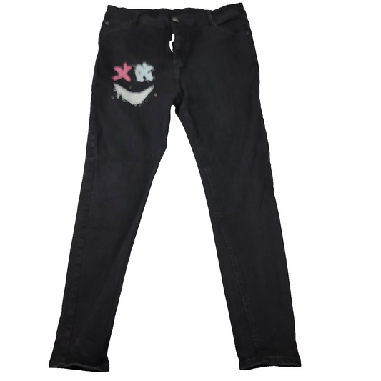 Men’s Black Skinny Jeans XL Painted Graphic Smiley Face Denim
