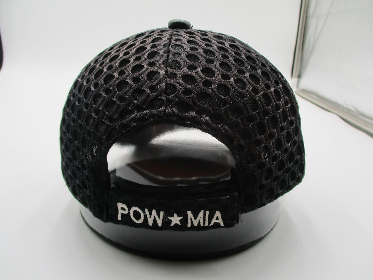 JWM POW MIA Hat Cap Strap Back Mens One Size Black Mesh Faux Leather Embroidered6