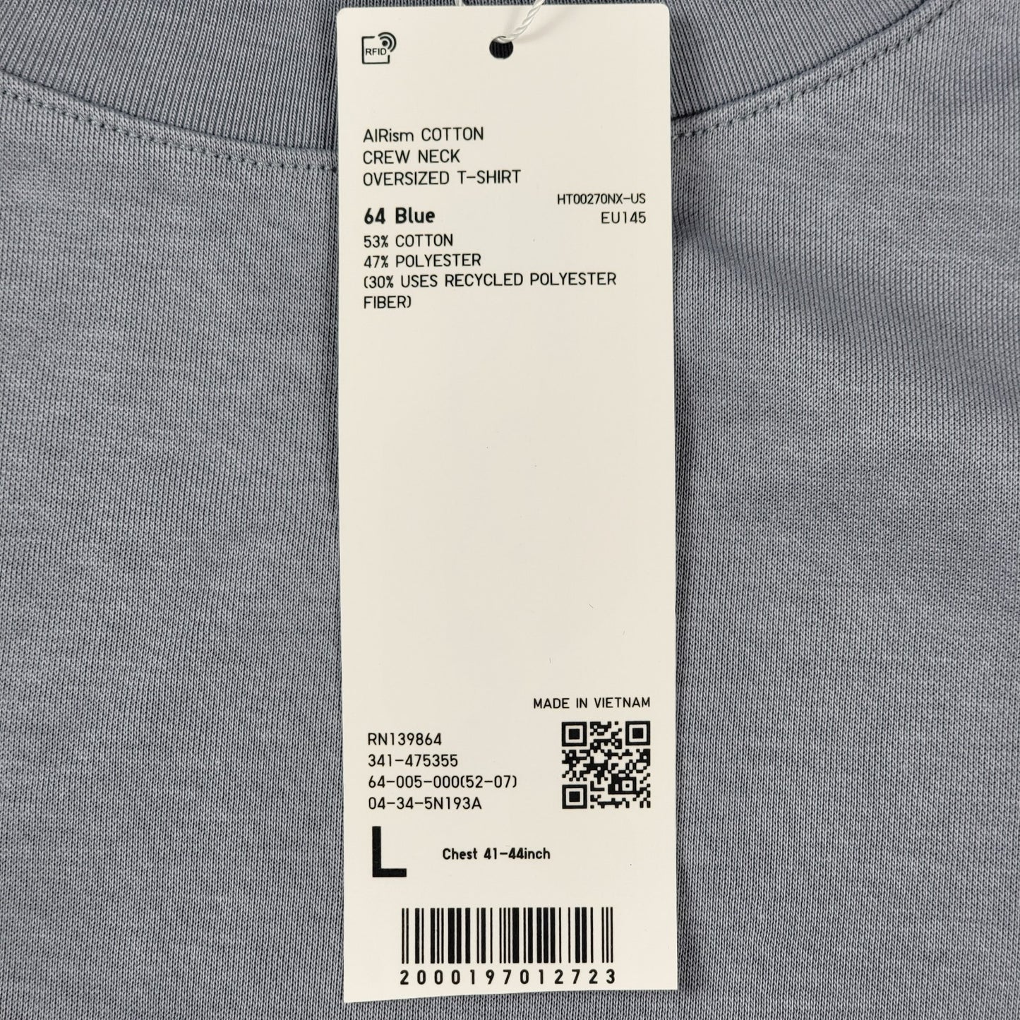 Uniqlo U Airism Cotton Oversized TShirt Gray Blue Size L Men’s Crew Neck 11643