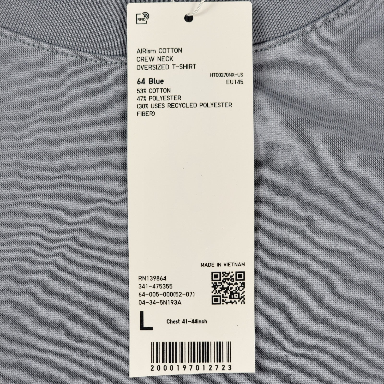 Uniqlo U Airism Cotton Oversized TShirt Gray Blue Size L Men’s Crew Neck 11643