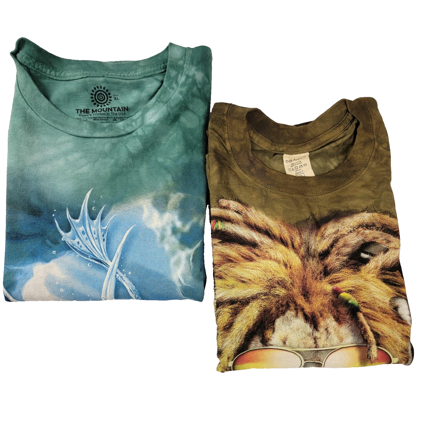 The Mountain 2 Pk Tees Men's XL Green Age of Dragon & Brown Rasta Lion