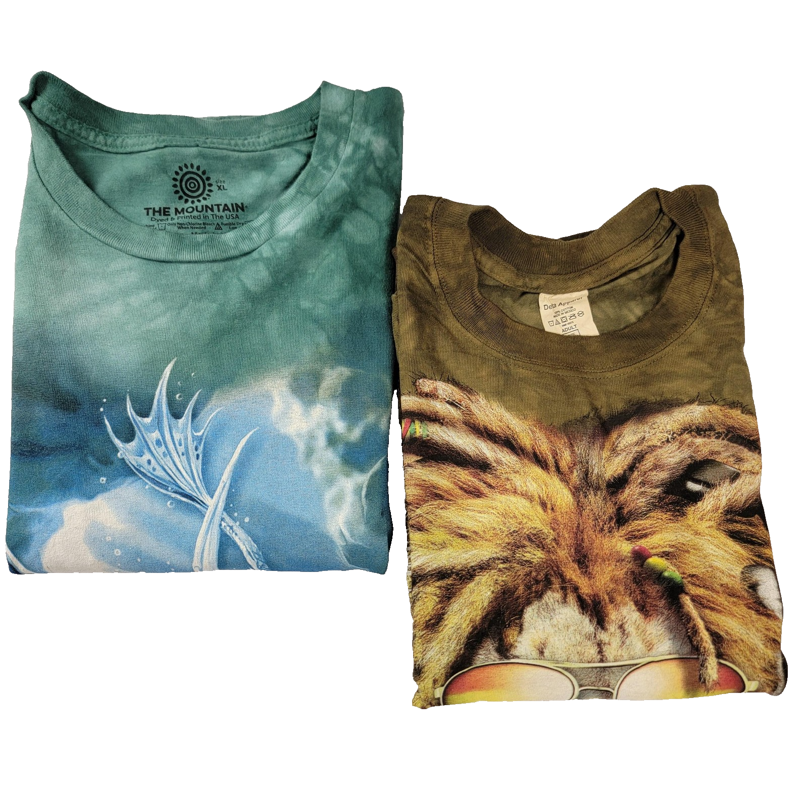 The Mountain 2 Pk Tees Men's XL Green Age of Dragon & Brown Rasta Lion