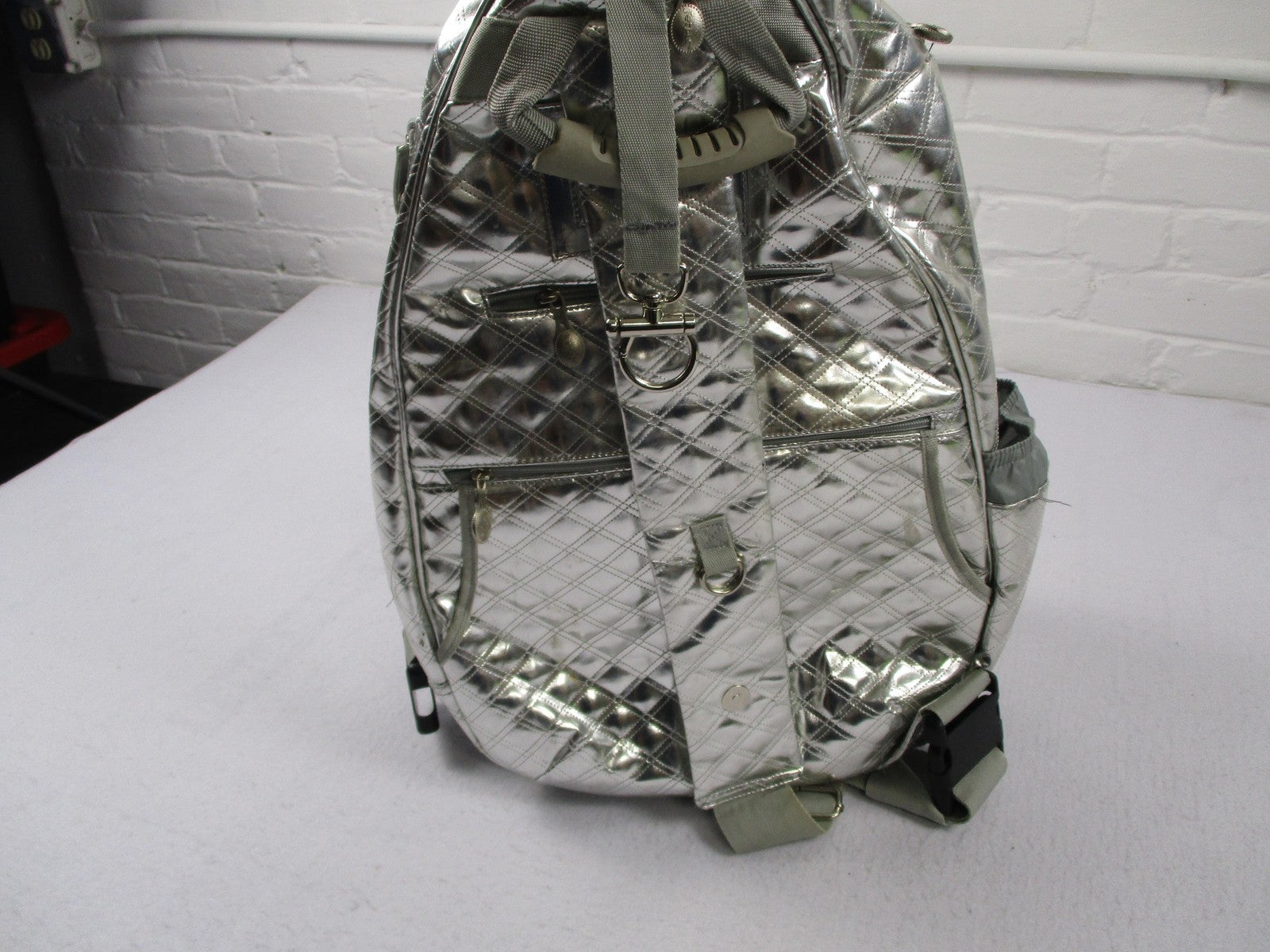 Life Is Tennis Metallic Quilted Backpack Bag Silver Tennis Racket Holder Gear5