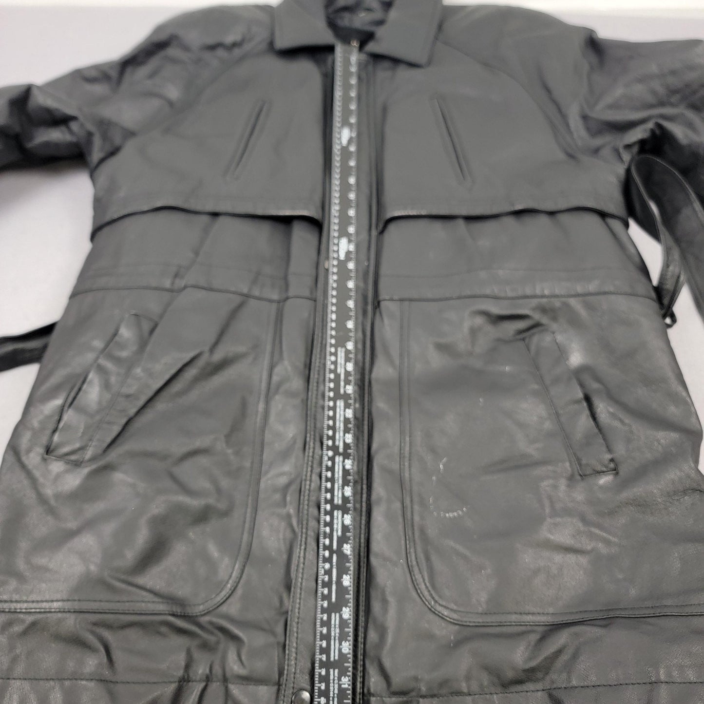 Wilda Leather Trench Coat Mens 2XL Black Belted Storm Flap Duster Jacket11