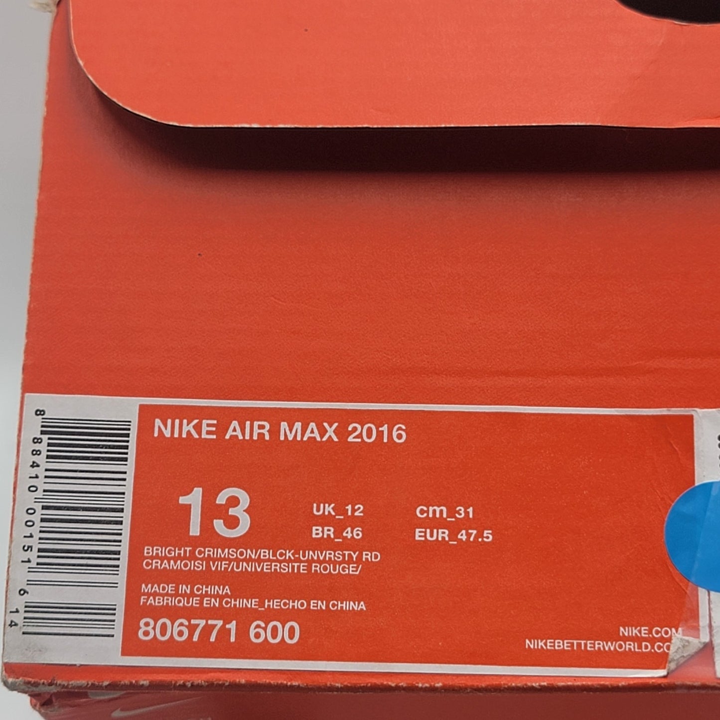 Nike Air Max - 2016 -  “Bright Crimson” - 806771-600 - Mens - Size 13 - Retro7