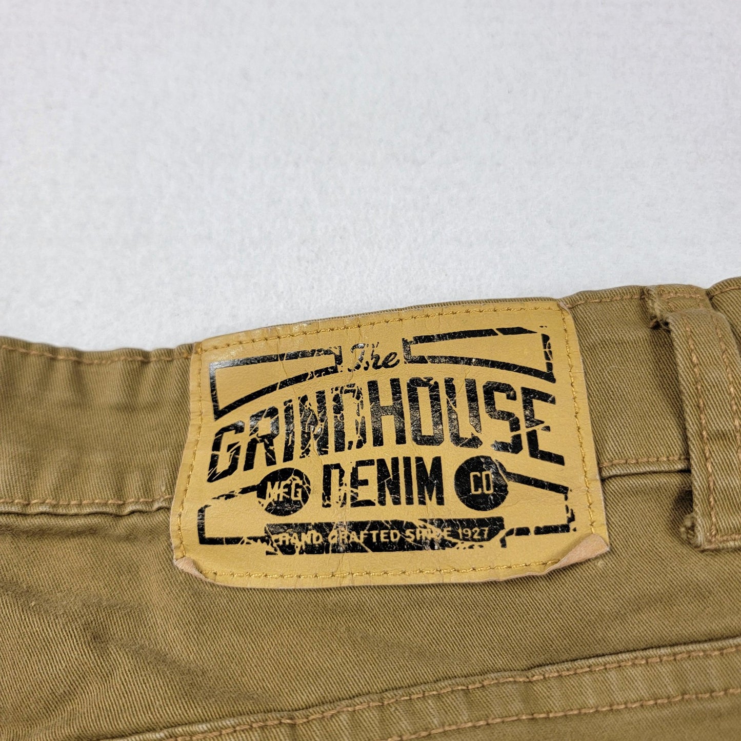 Grindhouse Denim Jeans Mens 36 Khaki Brown Distressed Ripped Moto Stretch