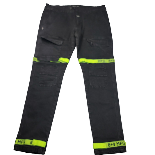 8&9 MFG Cargo Pants Men 40 Black Vintage Wash Neon HiVis Tape Utility
