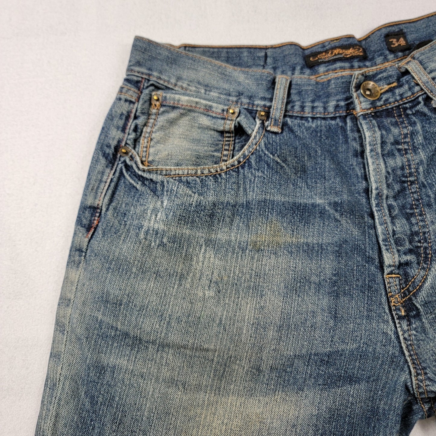 Ed Hardy Jeans Mens 34x34 Blue Denim Straight Leg Tiger Embroidery Distressed10