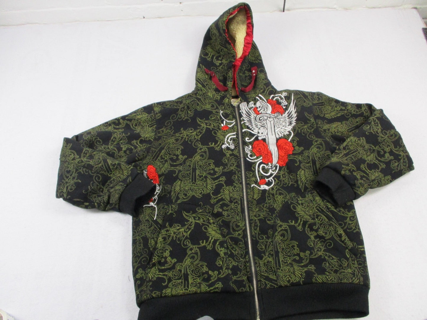 Quickshark Hoodie Mens 2XL Black Full Zip Sherpa Lined Skull Rose Graphic Tattoo0
