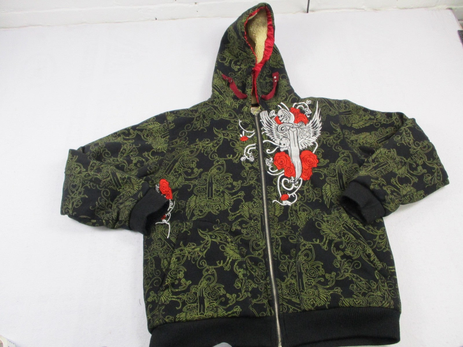 Quickshark Hoodie Mens 2XL Black Full Zip Sherpa Lined Skull Rose Graphic Tattoo0