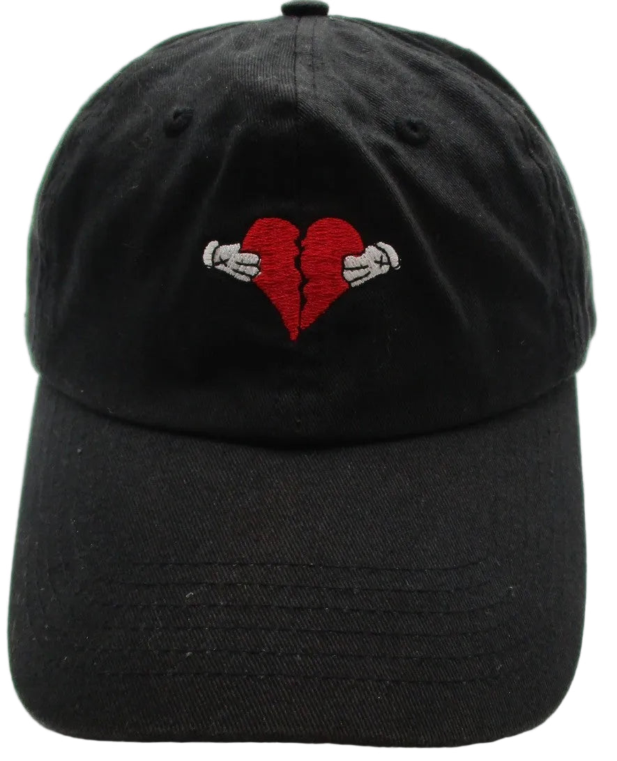 Broken Heart Hat Cap Strap Back Mens One Size Black Cotton Embroidered Dad0