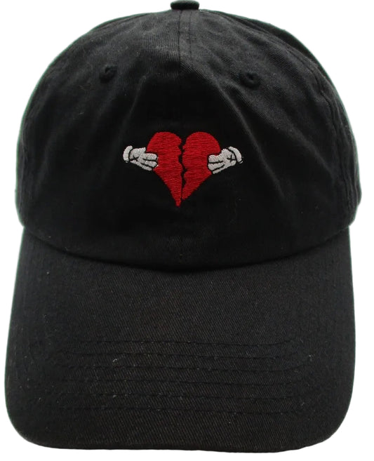 Broken Heart Hat Cap Strap Back Mens One Size Black Cotton Embroidered Dad0