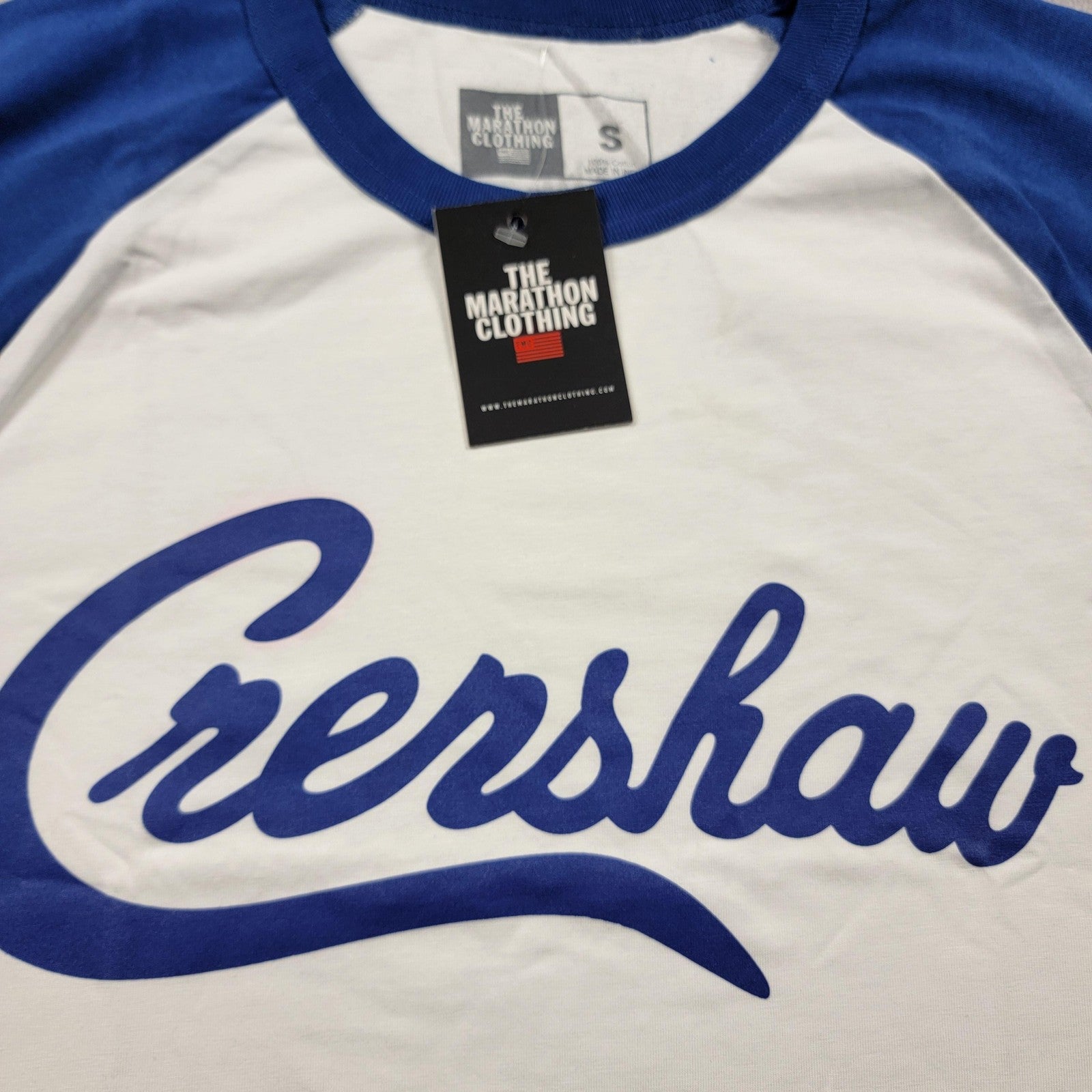 The Marathon Clothing Crenshaw Shirt Mens Small White Royal Raglan MRT886182