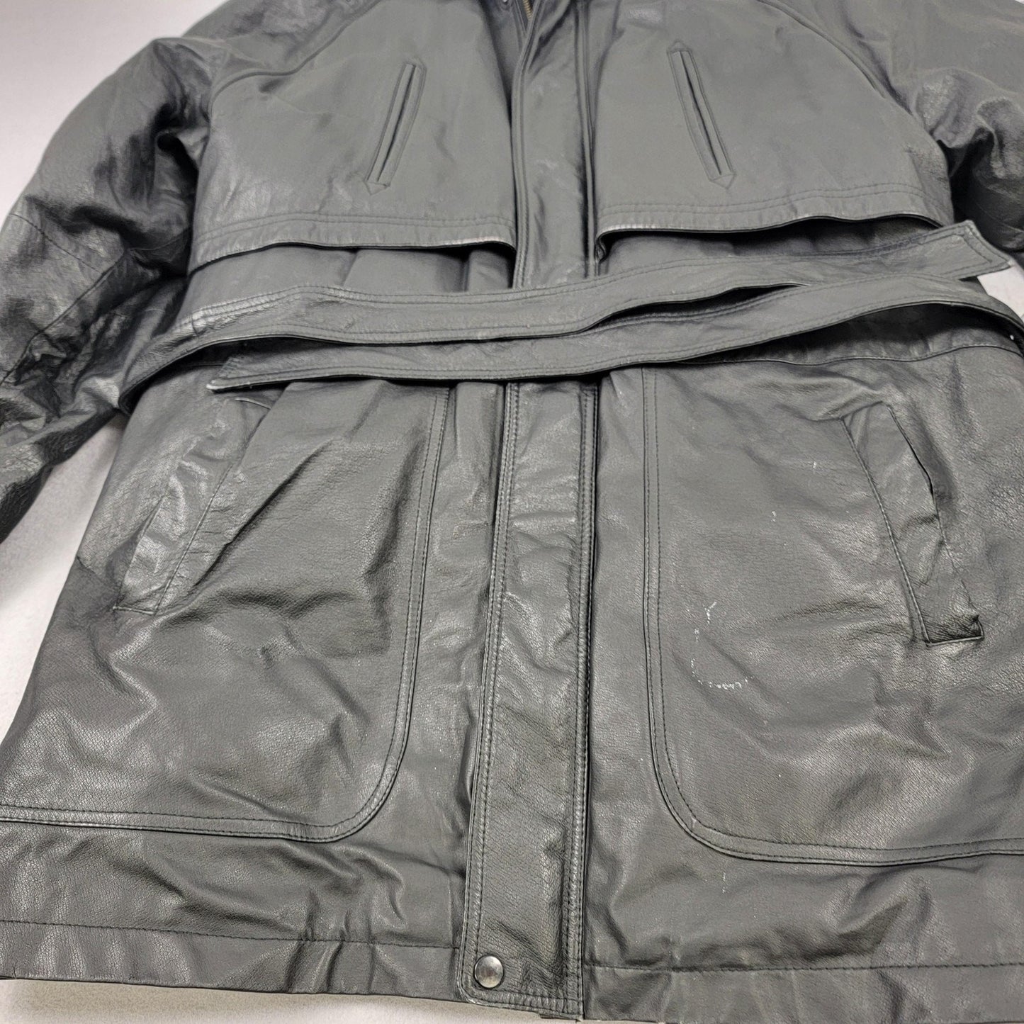 Wilda Leather Trench Coat Mens 2XL Black Belted Storm Flap Duster Jacket2